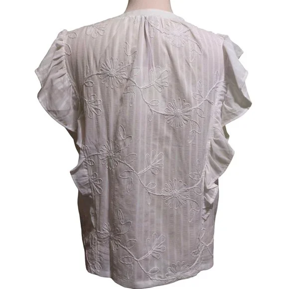 NWT Voy White Floral Embroidered Sleeveless Ruffle Button-Up Blouse Size Large - Picture 4 of 9